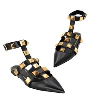 Valentino Garavani Black Pointed-Toe T-Strap Flats with Gold Studs